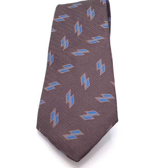 Yves Saint Laurent Silk Brown & Blue Geometric Patterned Tie - Picture 3 of 15